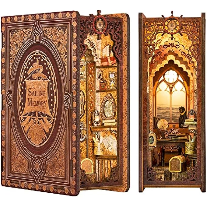 DIY BOOK NOOK KIT FOR ADULTS, DIY DOLLHOUSE MINIATURE HOUSE KIT BOOKNOOK BOOKSHELF INSERT DECOR, 3D WOODEN PUZZLE GIFT KIT FOR FRIENDS AND FAMILY WITH DUST COVER(SAILING MEMORY) - Image 1